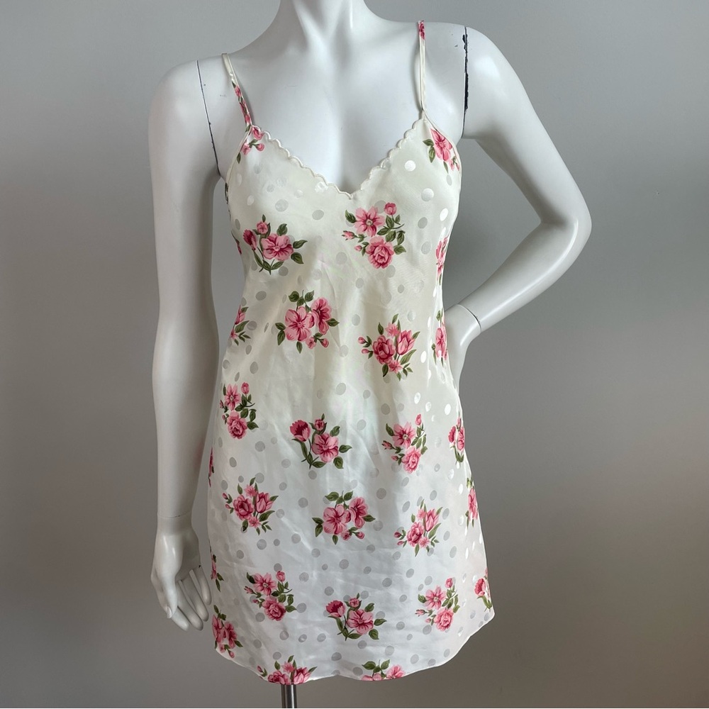 VINTAGE Val Mode Lingerie White & Pink Floral Polka Dot Mini Slip Dress